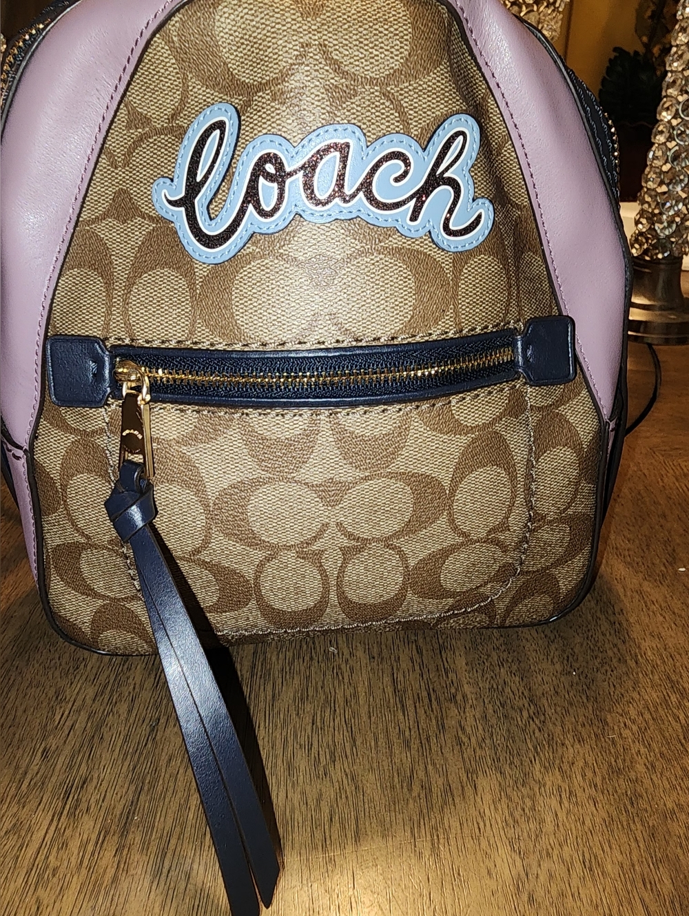 NWOT Coach Brown Signature Canvas Mini Backpack with Pink Trim & Navy Accents
